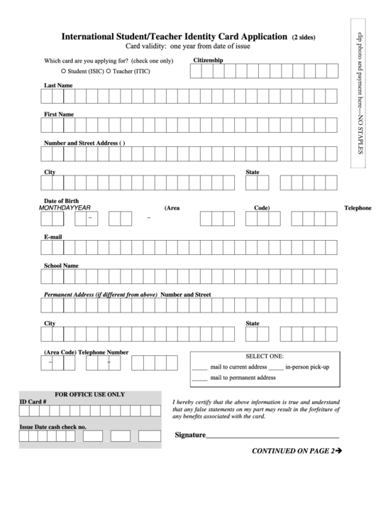 International Student-Teacher Identity Card Application Form Printable pdf