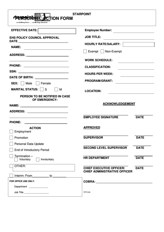 Personnel Action Form-Starpoint Printable pdf
