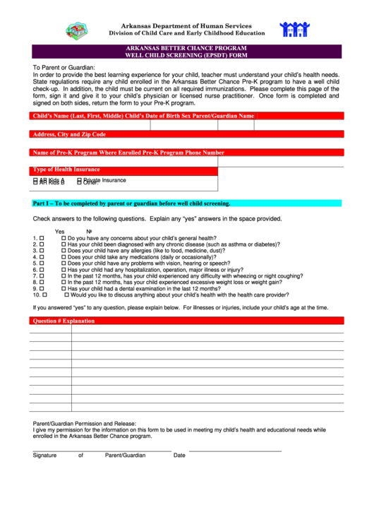 Arkansas Better Chance Program Well Child Screening (Epsdt) Form Printable pdf