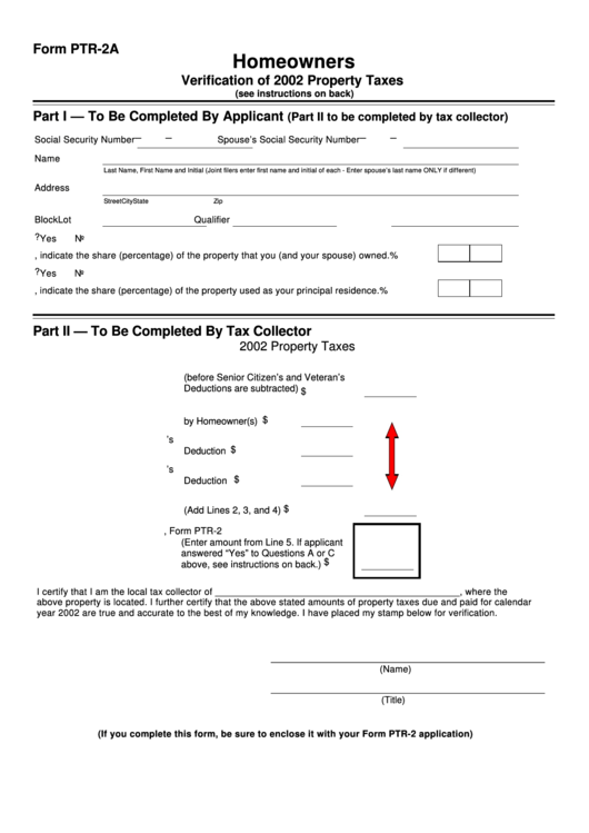 Form Ptr-2a - Homeowners Verification Of 2002 Property Taxes Printable pdf