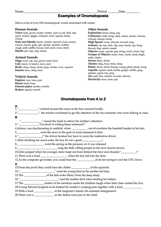 Examples Of Onomatopoeia Worksheet Printable pdf