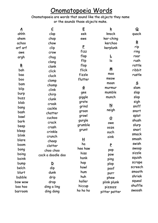 Onomatopoeia Words Worksheet Printable pdf