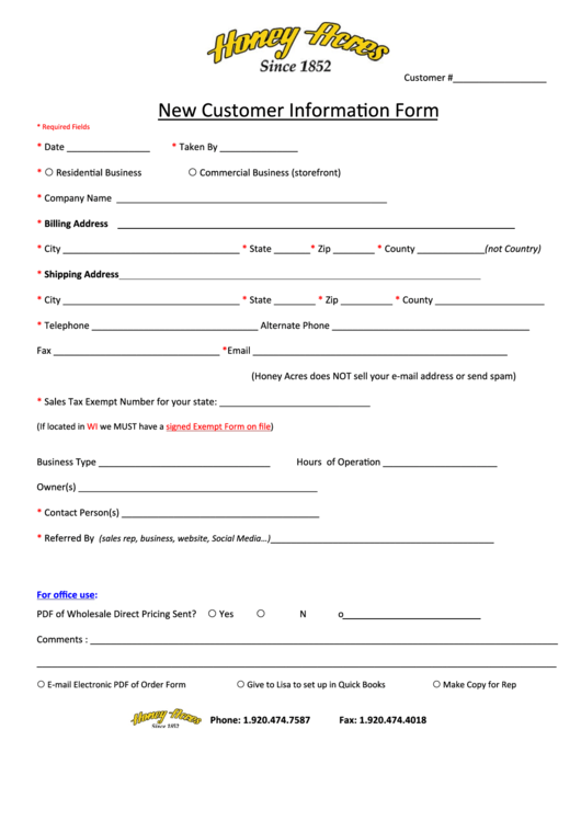 Fillable New Customer Information Form Printable pdf