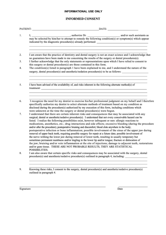 Informed Consent Form (Dentistry) Printable pdf