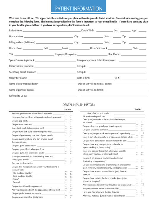 Patient Information Form (Dentistry) Printable pdf