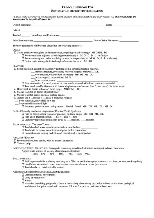 Clinical Findings For Restoration Benefits Determination Form Printable pdf
