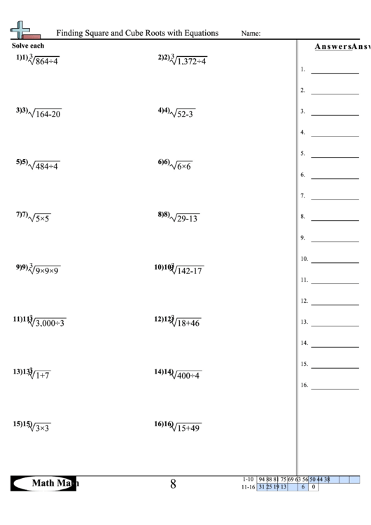 Finding Square And Cube Roots With Equations Sheet Printable pdf