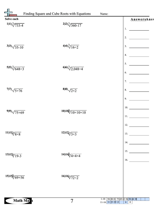 Finding Square And Cube Roots With Equations Sheet Printable pdf