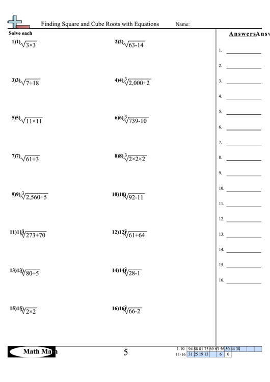 Finding Square And Cube Roots With Equations Sheet Printable pdf