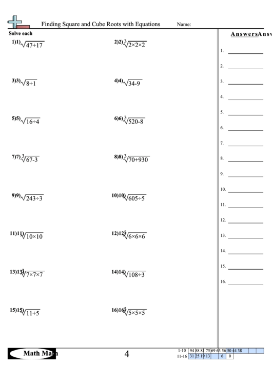 Finding Square And Cube Roots With Equations Sheet Printable pdf