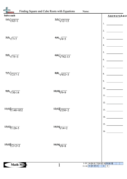 Finding Square And Cube Roots With Equations Sheet Printable pdf