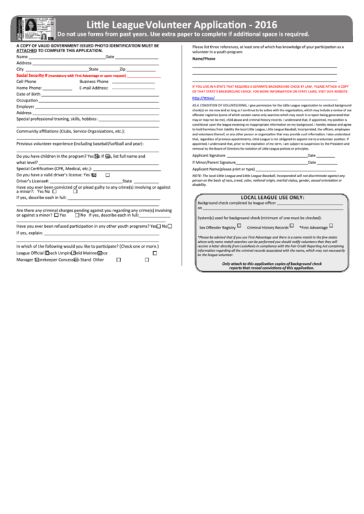 Fillable Little League Volunteer Application Form 2016 printable pdf