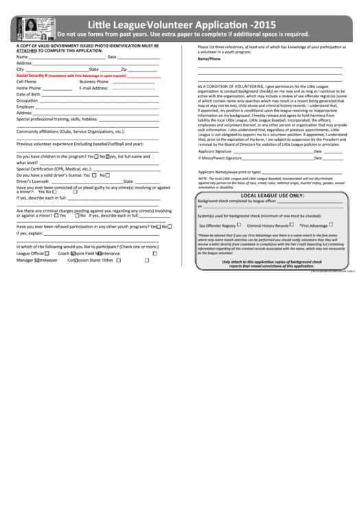 Fillable Little League Volunteer Application Form 2015 Printable pdf