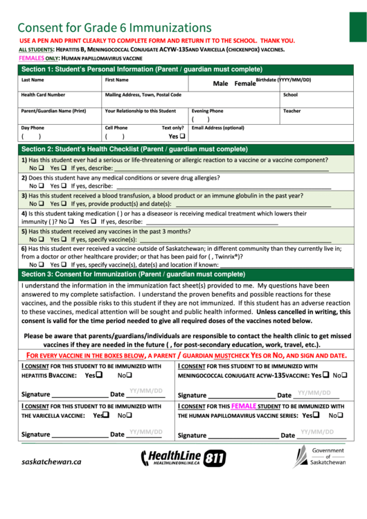 Consent For Grade 6 Immunizations Form Printable pdf