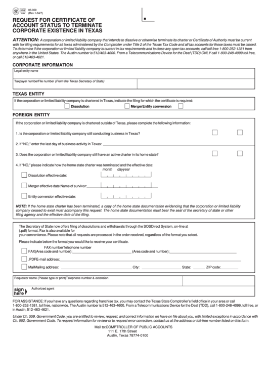 Fillable Form 05-359 - Request For Certificate Of Account Status To Terminate Corporate Existence In Texas Printable pdf