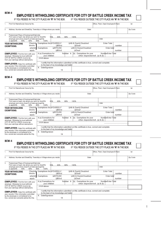 Form Bcw-4 - Employee Withholding Certificate For City Of Battle Creek Income Tax Printable pdf