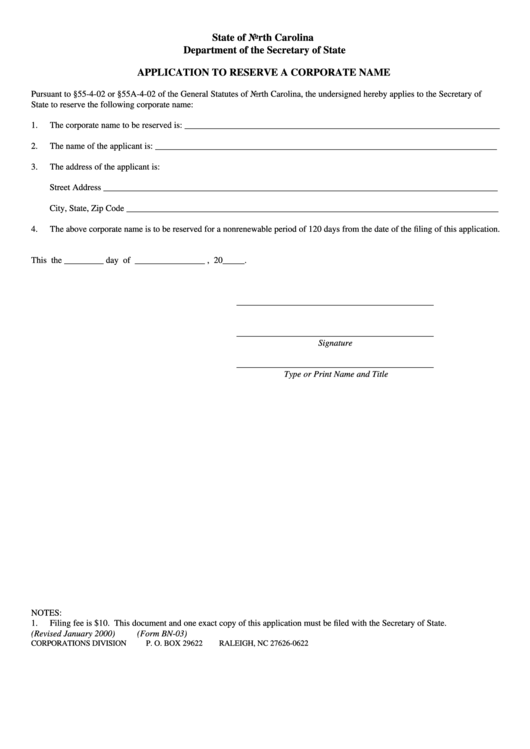 Form Bn-03 - Application To Reserve A Corporate Name Printable pdf