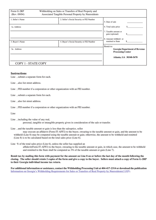 Form G-2rp - Withholding On Sales Or Transfers Of Real Property And Associated Tangible Personal Property By Nonresidents - 2004 Printable pdf