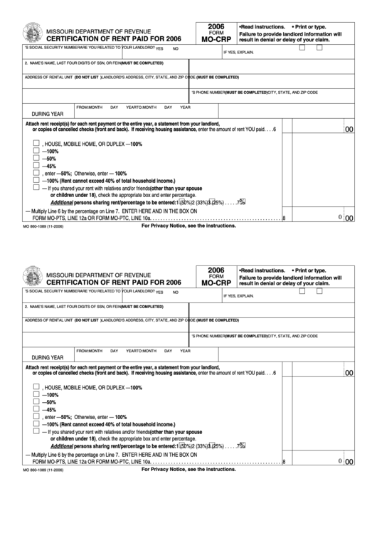 Fillable Form Mo-Crp - Certification Of Rent Paid For 2006 Printable pdf