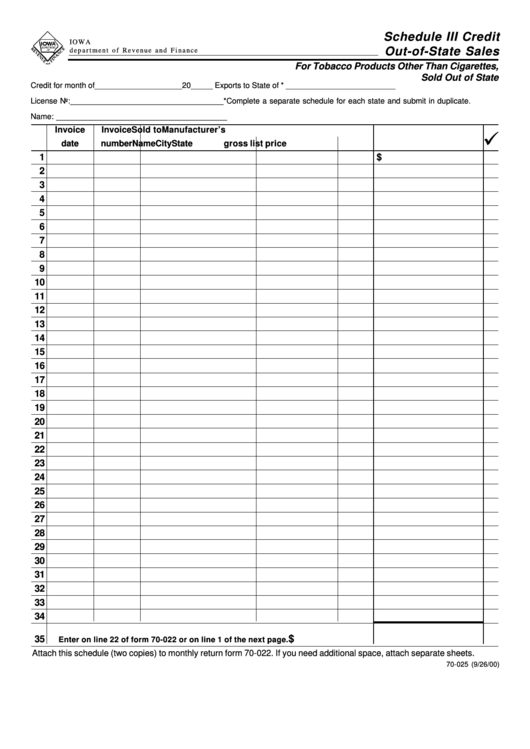 Form 70-025 - Schedule Iii Credit Out-Of-State Sales Printable pdf