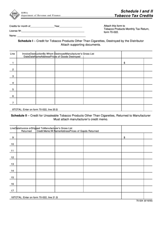 Form 70-024 - Schedule I And Ii Tobacco Tax Credits Printable pdf