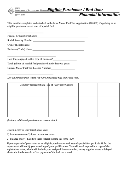 Form 80-011 - Eligible Purchaser / End User Financial Information Printable pdf