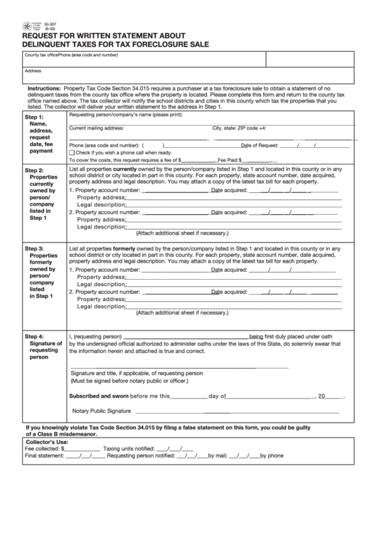 Comptoller Of Public Accounts Form 50-307 - Request For Written Statement About Delinquent Taxes For Tax Foreclosure Sale Printable pdf