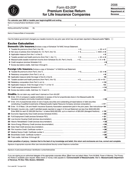 Form 63-20p - Premium Excise Return For Life Insurance Companies - 2006 Printable pdf