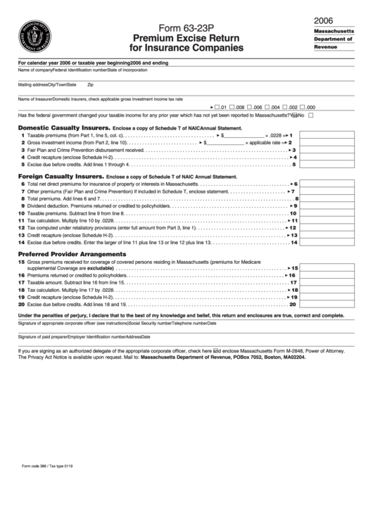 Form 63-23p - Premium Excise Return For Insurance Companies - 2006 Printable pdf