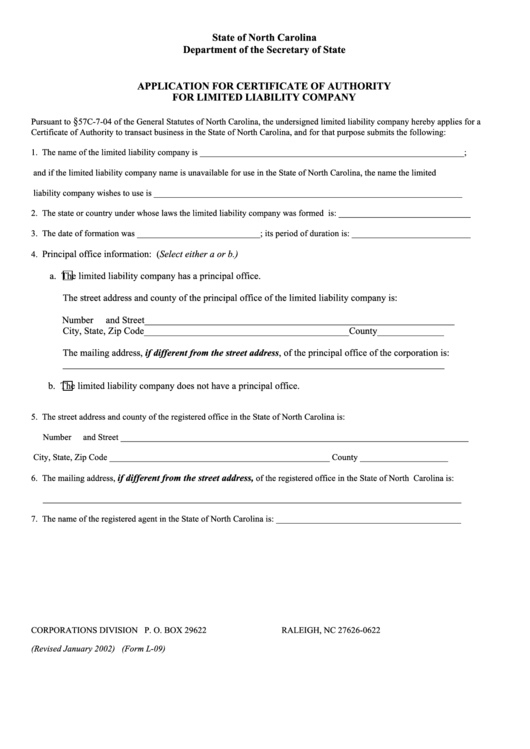 Fillable Form L-09 - Application For Certificate Of Authority For Limited Liability Company Printable pdf