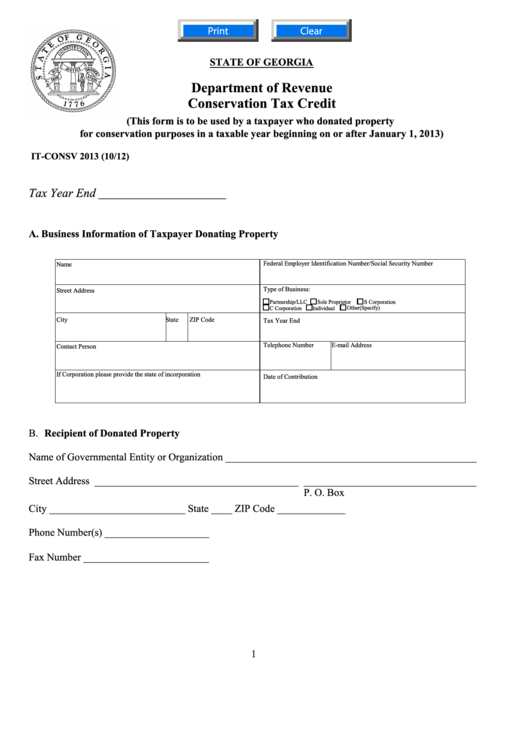 Fillable Form It-Consv - Conservation Tax Credit Form Printable pdf