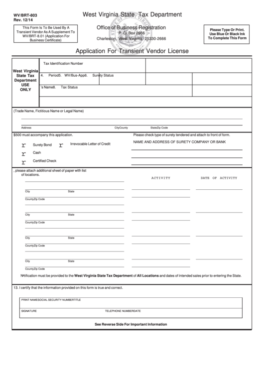 Form Wv/brt-803 - Application For Transient Vendor License