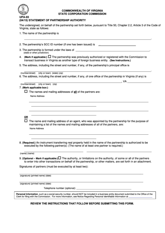 Form Upa-93 - Statement Of Partnership Authority Printable pdf