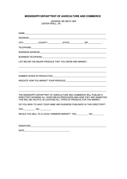 Fillable Vegetables Producers Information Form Printable pdf