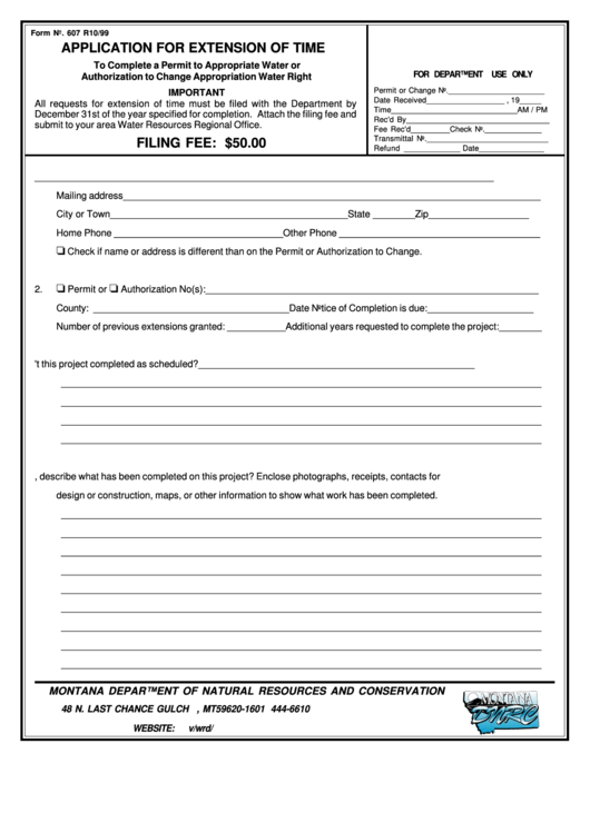 Form 607 - Application For Extension Of Time - 1999 Printable pdf