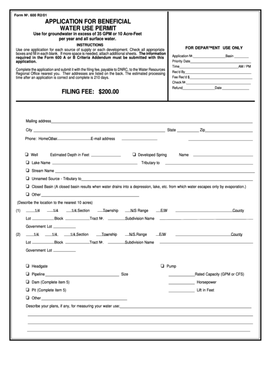 Form 600 - Application For Beneficial Water Use Permit - 2001 Printable pdf