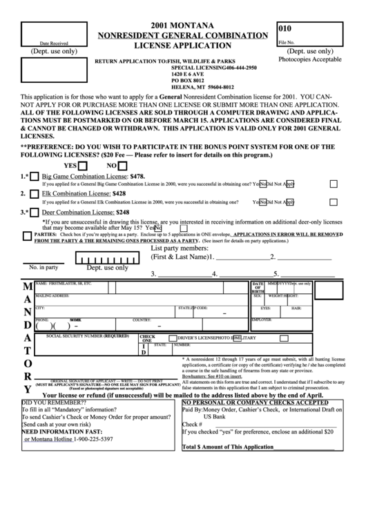 Form 010 - Nonresident General Combination License Application 2001 Printable pdf