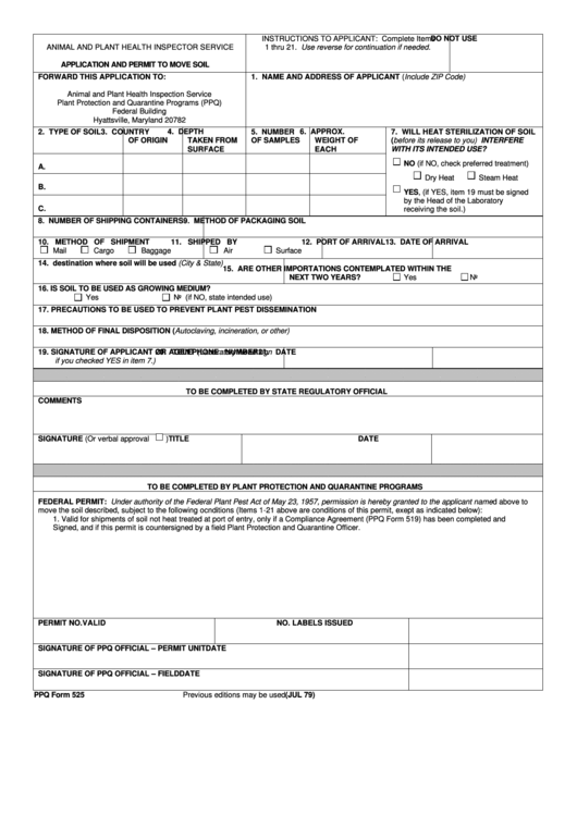 Fillable Ppq Form 525 - Application And Permit To Move Soil 1979 Printable pdf