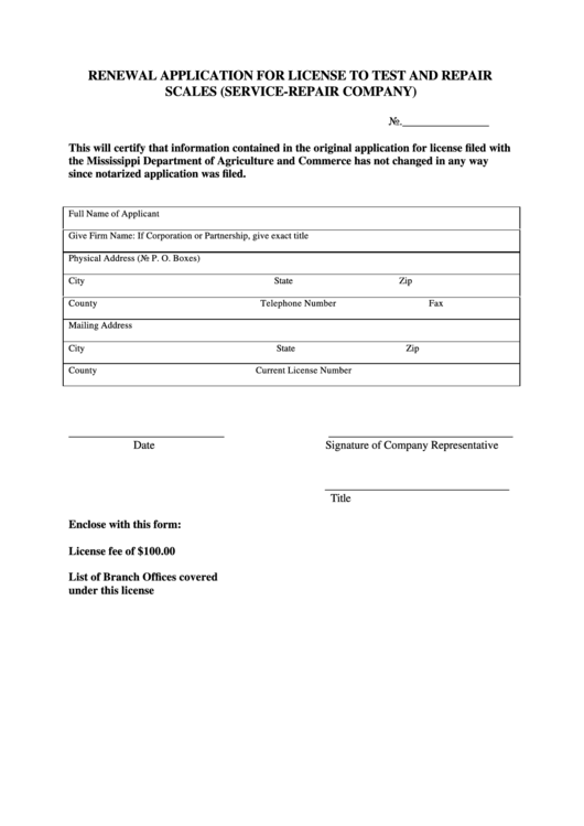 Fillable Renewal Application For License To Test And Repair Scales (Service-Repair Company) Form Printable pdf
