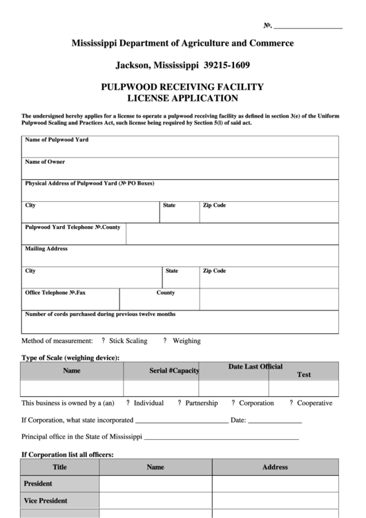 Fillable Pulpwood Receiving Facility License Application Form Printable pdf