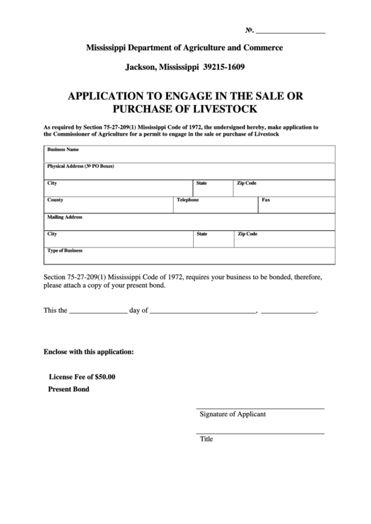 Fillable Application To Engage In The Sale Or Purchase Of Livestock Form Printable pdf