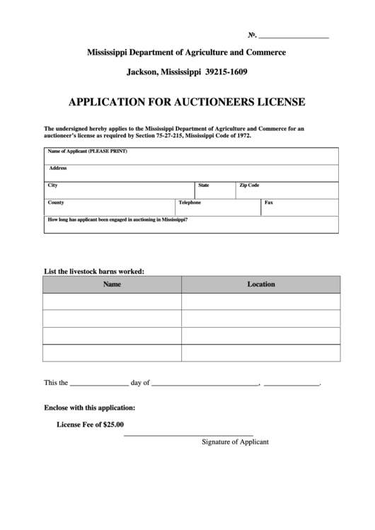 Fillable Application For Auctioneers License Form Printable pdf