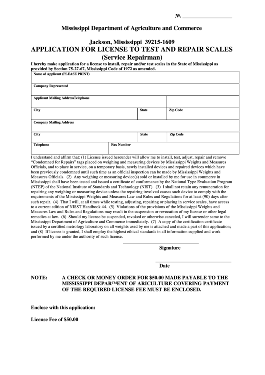 Fillable Application For License To Test And Repair Scales (Service Repairman) Form Printable pdf