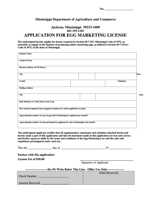 Fillable Application For Egg Marketing License Form Printable pdf