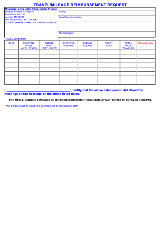 Travel/mileage Reimbursement Request Form Printable pdf