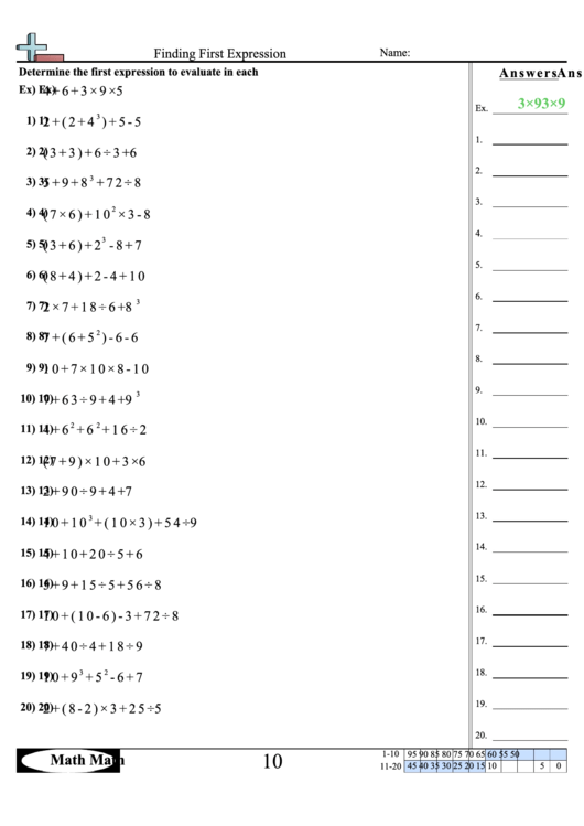 Finding First Expression Worksheet Printable pdf