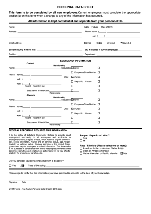 Fillable Personal Data Sheet Printable pdf