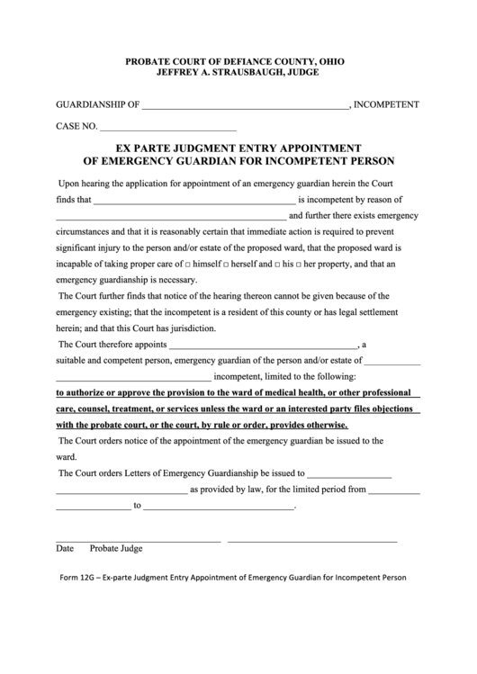 Fillable D.c. Form 12g - Ex Parte Judgment Entry Appointment Of Emergency Guardian For Incompetent Person - Probate Court Of Defiance County, Ohio Printable pdf