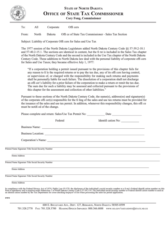 Liability Of Corporate Offi Cers For Sales And Use Tax Form - North Dakota Office Of State Tax Commissioner Printable pdf