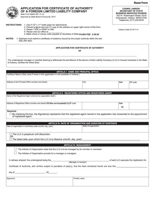 Fillable State Form 49464 - Application For Certificate Of Authority Of A Foreign Limited Liability Company - Indiana Secretary Of State Printable pdf